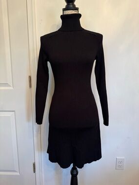 Black Ribbed Turtleneck Long Sleeve Dress